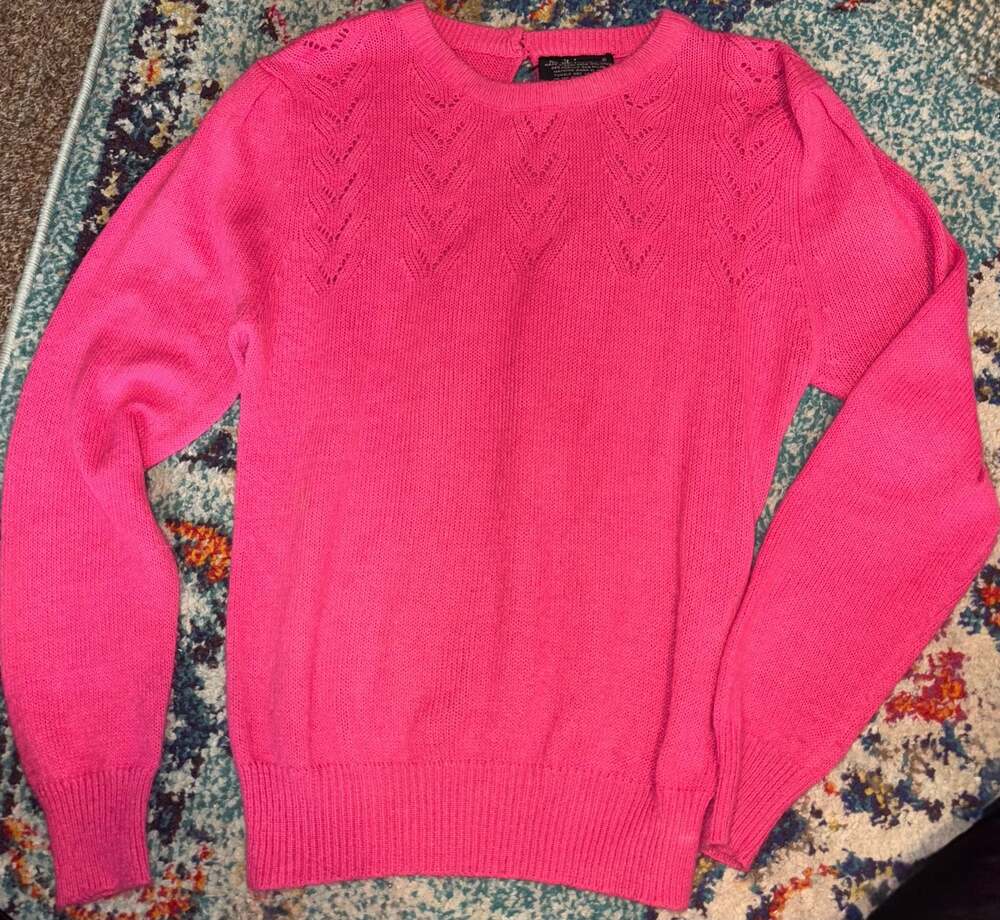 Vintage Knitivo Hot Pink Pointelle Eyelet Yoke Sweater
